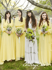 Long Sleeves A-ine Yellow Chiffon Boho Wedding Bridesmaid Dresses - RongMoon