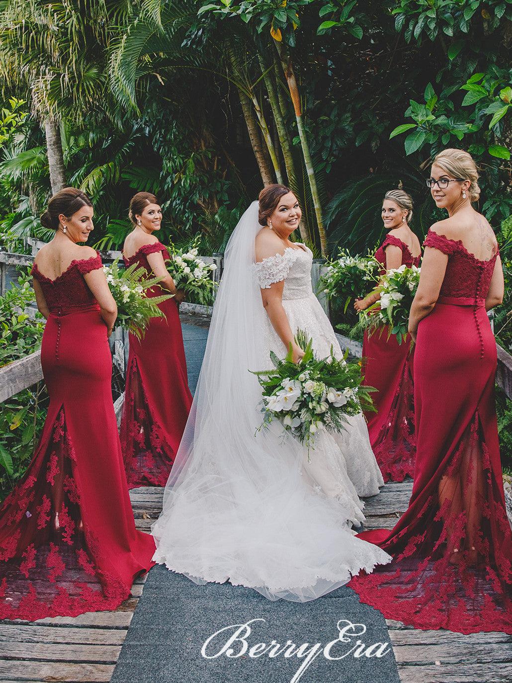 Off Shoulder Burgundy Lace Mermaid Long Bridesmaid Dresses - RongMoon