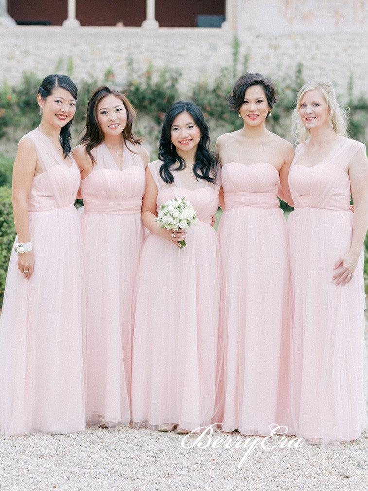 Pink Convertible Long A-line Tulle Bridesmaid Dresses - RongMoon