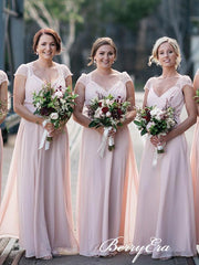 Cap Sleeves A-line Blush Pink Chiffon Lace Long Bridesmaid Dresses - RongMoon