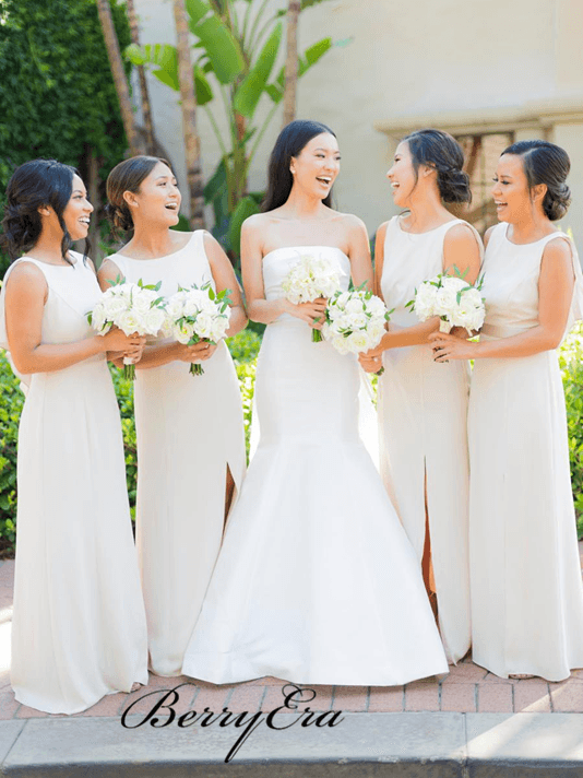 Side Slit Sheath Ivory Long Bridesmaid Dresses, V-back Bridesmaid Dresses - RongMoon