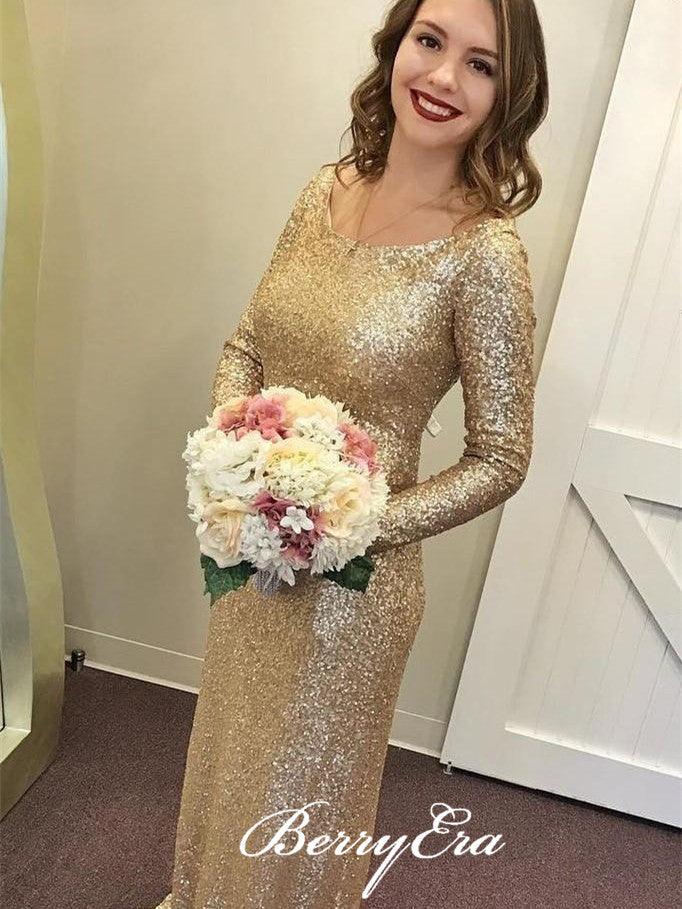 Long Sleeves Scoop Sheath Gold Sequin Bridesmaid Dresses - RongMoon
