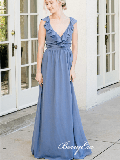 V-neck Ruffled A-line Blue Bridesmaid Dresses - RongMoon