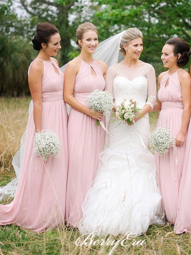 Key Hole A-line Pink Chiffon Long Bridesmaid Dresses - RongMoon