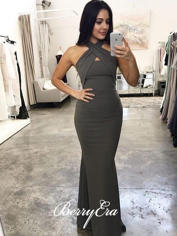 Grey Jersey Mermaid Long Bridesmaid Dresses - RongMoon