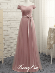 Off Shuolder Long A-line Dusty Pink Tulle Bridesmaid Dresses - RongMoon
