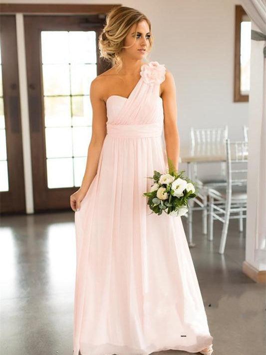 One Shoulder A-line Pink Chiffon Bridesmaid Dresses - RongMoon