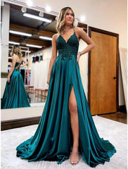 A-Line Prom Dresses Empire Dress Formal Wedding Guest Court Train Sleeveless V Neck Satin Backless with Beading Appliques