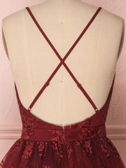 Aline v neck tulle lace short burgundy prom dresses, backless burgundy homecoming dress - RongMoon