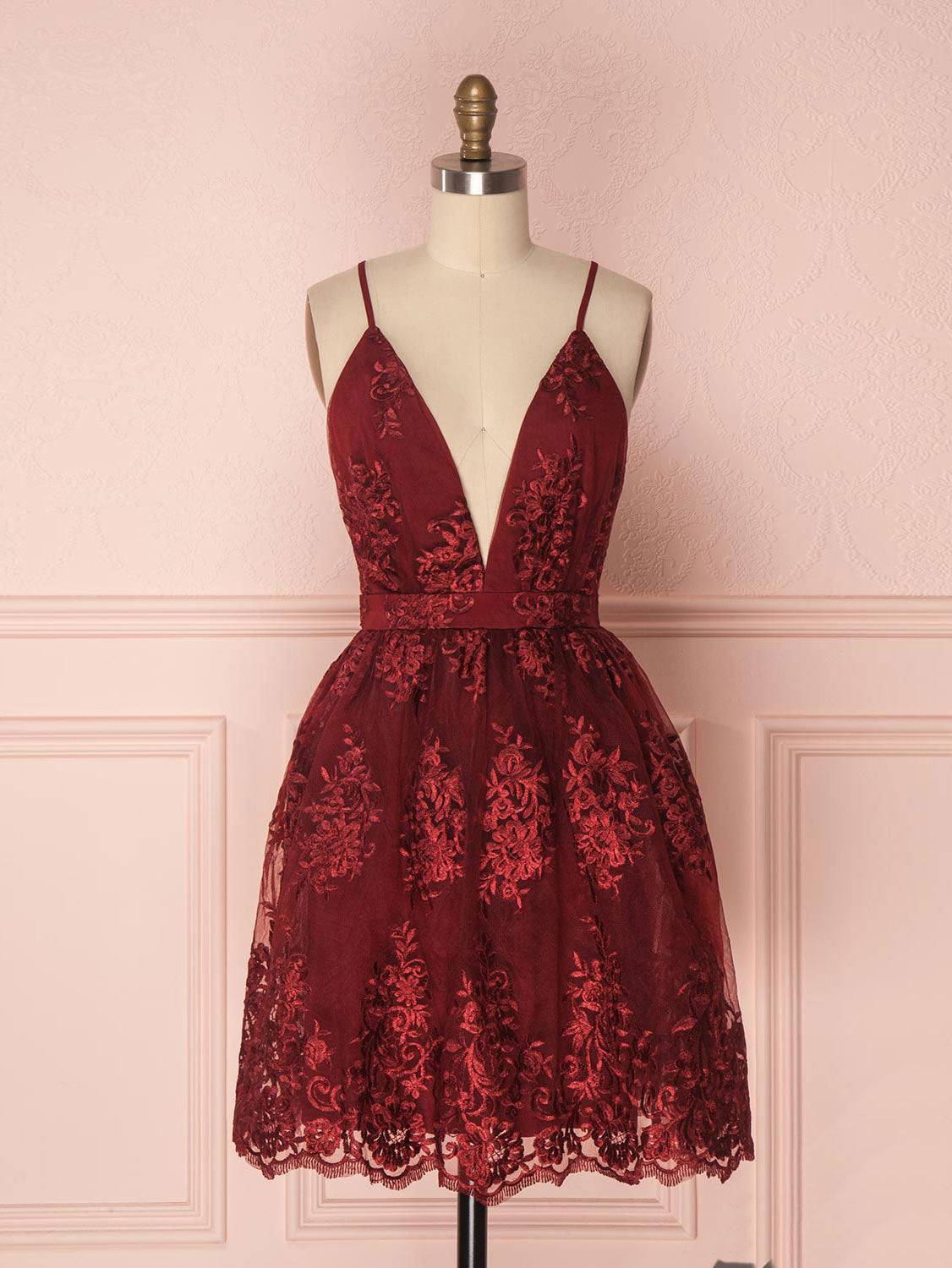 Aline v neck tulle lace short burgundy prom dresses, backless burgundy homecoming dress - RongMoon