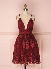 Aline v neck tulle lace short burgundy prom dresses, backless burgundy homecoming dress - RongMoon