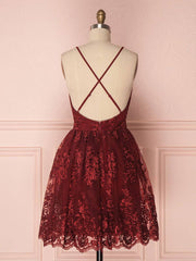 Aline v neck tulle lace short burgundy prom dresses, backless burgundy homecoming dress - RongMoon