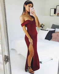 Wine Red Satin Leg Split Mermaid Bridesmaid Dress Off The Shoulder