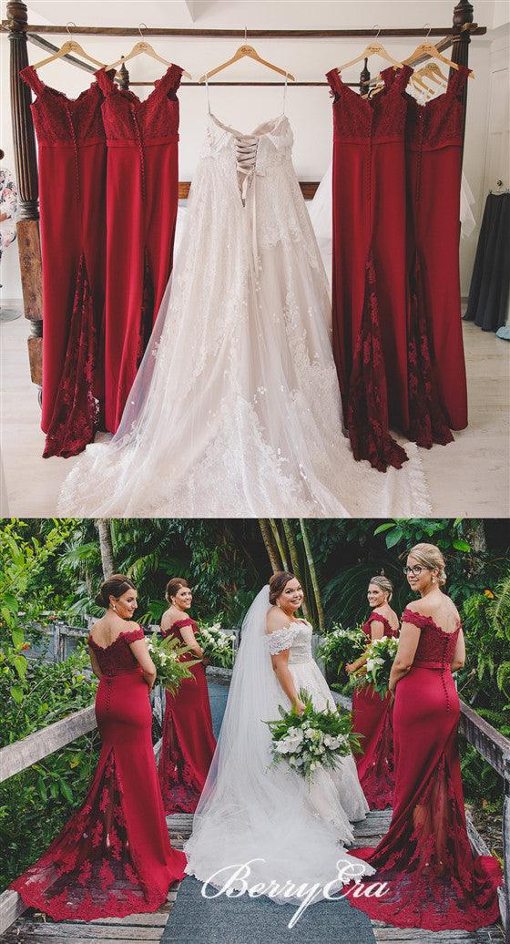 Off Shoulder Burgundy Lace Mermaid Long Bridesmaid Dresses - RongMoon