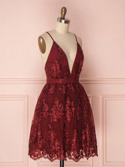 Aline v neck tulle lace short burgundy prom dresses, backless burgundy homecoming dress - RongMoon