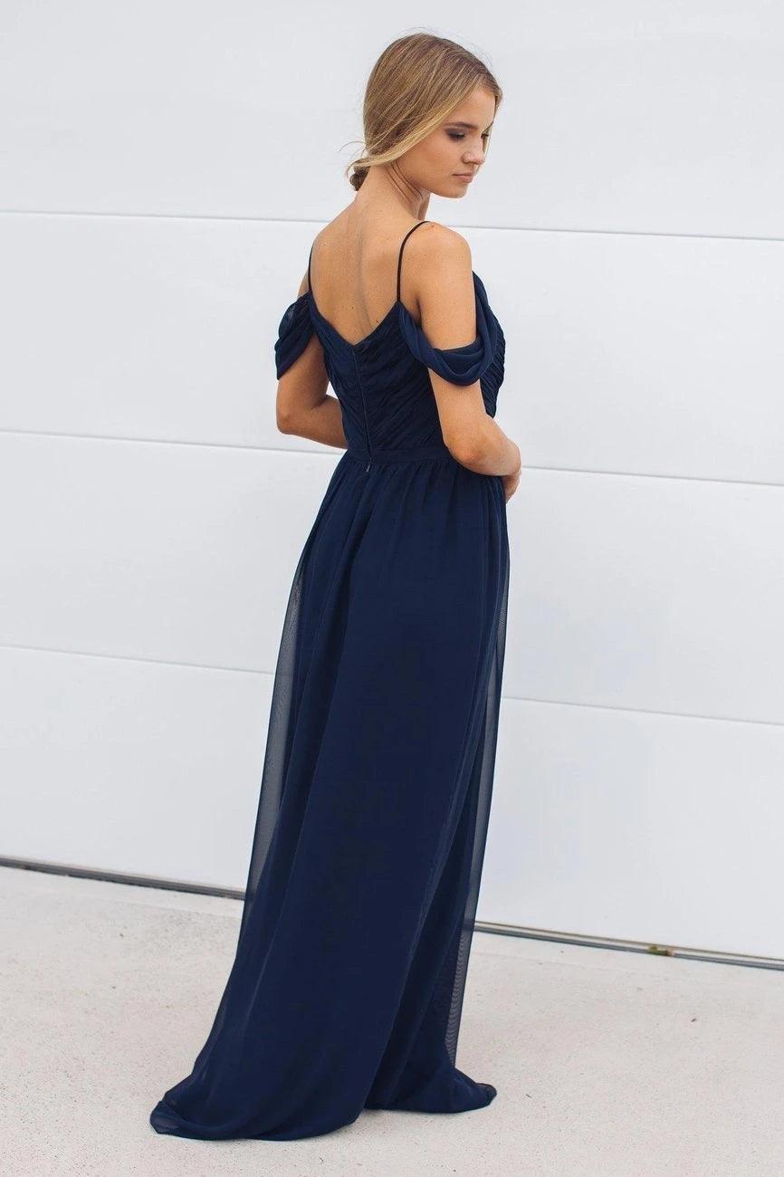 Off Shoulder Long A-line Navy Chiffon Bridesmaid Dresses, Long Bridesmaid Dresses, Popular Bridesmaid Dresses - RongMoon