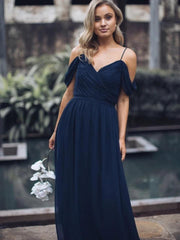 Off Shoulder Long A-line Navy Chiffon Bridesmaid Dresses, Long Bridesmaid Dresses, Popular Bridesmaid Dresses - RongMoon