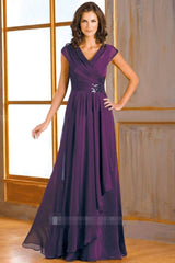 Cap-Sleeved V-Neck A-Line Mother Of The Bride Dress With Side Sequins And Ruffles - RongMoon
