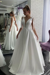 Simple White Satin A Line Wedding Dress Sexy Open Back prom dress   cg11134