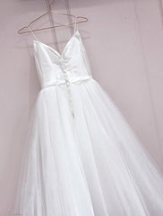 long prom dress Simple White Tulle With Satin V-Neckline Tea Length Wedding Dress, Simple White Party Dress   cg14690