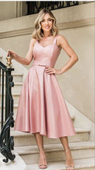 elegant pink satin sweetheart spaghetti straps homecoming party dresses tea length   cg17039