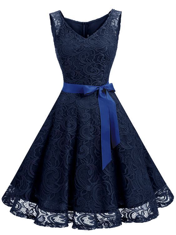 Floral Lace Belted Party Swing Dress V Neck Sleeveless Homecoming Dress   cg17528