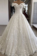 Luxury White Lace Off Shoulder Long Applique Wedding Dress, Formal Prom Dress    cg17736