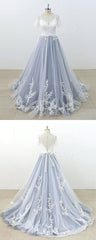 Blue Gray Tulle Ivory Lace Short Sleeve Beach Wedding Dress, Long Pageant Prom Dress    cg18034