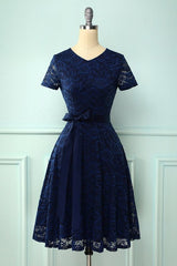 Navy Short Sleeves Lace Homecoming Dress   cg18204