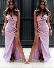 sexy pleated v neck side split bridesmaid dresses mauve pink formal Prom Evening Gown With Side Split    cg18409