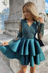 Green v neck lace short homecoming dress   cg18601