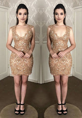 Elegant gold lace short homecoming dresses    cg18936