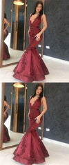 Burgundy Mermaid Prom Dresses, Unique Deep V Neck Evening   cg19484