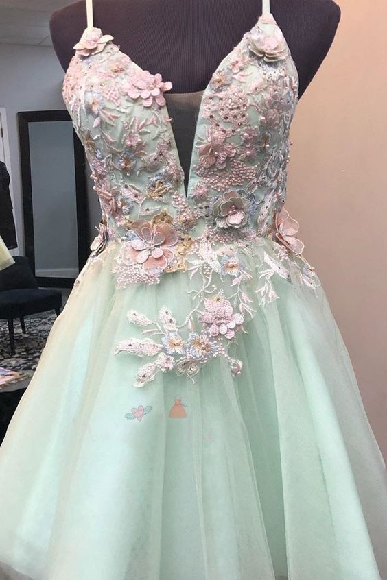 Mint Green Short Homecoming Dress with Flowers, Mini Tulle Graduation Dress with Pearls    cg20030