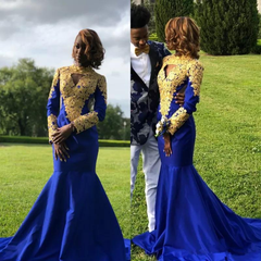 Sexy African Mermaid Prom Dresses Royal Blue with Gold Appliques    cg20165