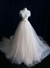 LIGHT CHAMPAGNE TULLE LONG PROM DRESS, WEDDING DRESS cg2027