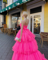 Princess A Line High Low Strapless Pink Long Prom/Evening Dress Ruffles    cg21150