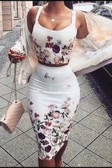 Homecoming Cocktail Dress Flower Print Crop Top With High-waisted Skirt Two Pieces Dress  cg21192