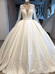 A Line Wedding Dress Ivory Satin Skirt Full Sleeve Bling Bling Plearls Bridal prom Dress    cg21934