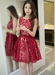 Dark Red Lace Mini Party Dress, Red Homecoming Dress    cg22466