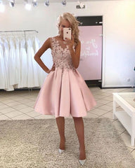 Pink Satin Lace Short A-line Cute Homecoming Dresses For Teens   cg22529