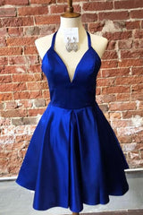 Simple Halter Royal Blue Short Homecoming Dress   cg22536