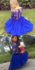 A-Line Deep V-Neck Long Sleeves Royal Blue Chiffon Short Homecoming Dress     cg22698