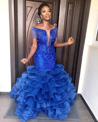 Royal Blue Mermaid Prom Dress Scoop Neck Off Shoulder Gorgeous Ruffles Floor Length Prom Dresses       cg22716