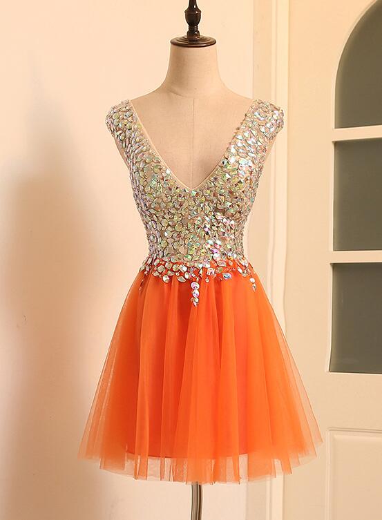 A-Line V-Neckline Short Tulle Beaded Homecoming Dress, Orange Tulle Short Party Dress     cg22785