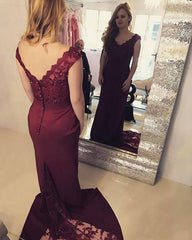 Charming Prom Dress, V Neck Lace Mermaid Prom Dresses, Sexy Burgundy Formal Evening Dress       cg23210