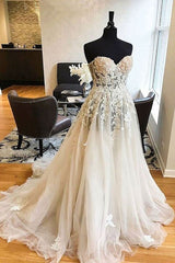 White sweetheart lace applique tulle wedding dress, lace wedding gown, lace bridal prom dress  cg6489