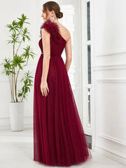 A-Line Prom Dresses Vintage Dress Wedding Party Floor Length Sleeveless One Shoulder Tulle with Appliques