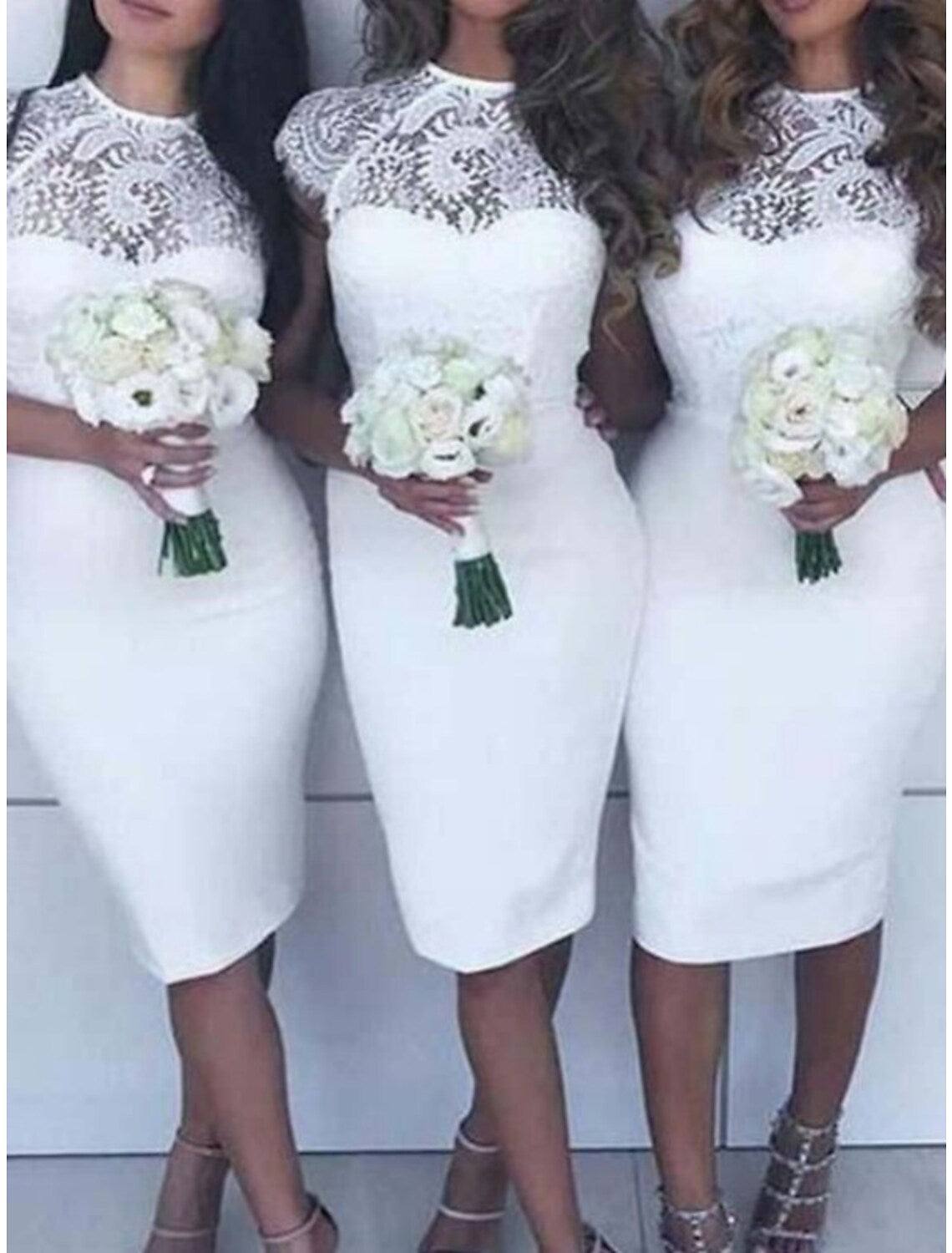 Sheath / Column Bridesmaid Dress Jewel Neck Short Sleeve Elegant Knee Length Lace / Stretch Chiffon with Solid Color - RongMoon