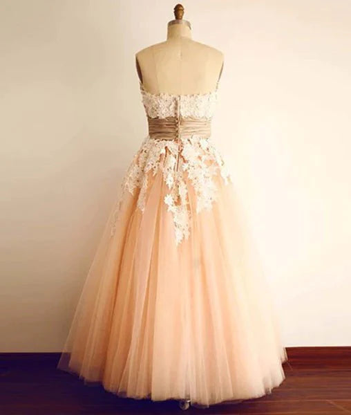 Champagne Tulle Lace Tea Pearl Prom Dresses, Lace Wedding Dresses - RongMoon